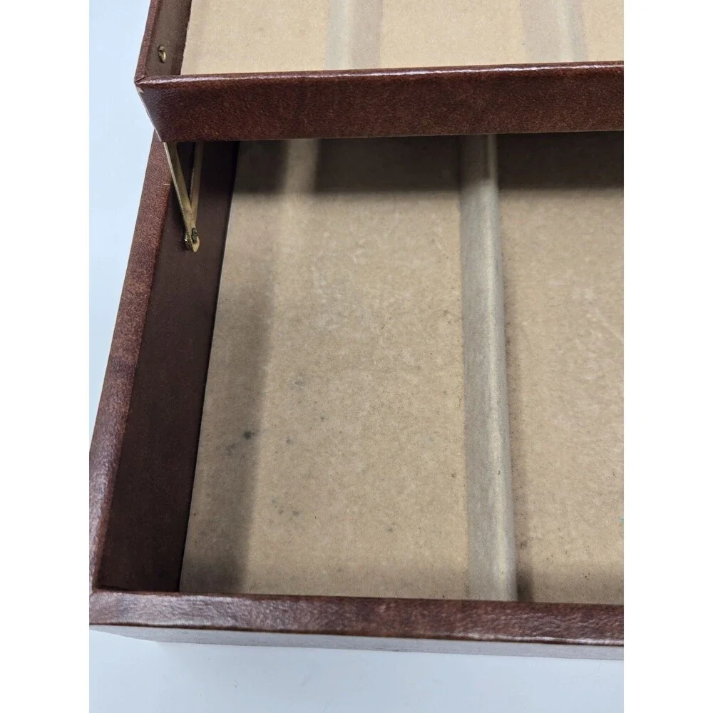 VINTAGE MELE TWO TIER BROWN FAUX LEATHER JEWELERY BOX GOLD FILIGREE CREAM VELVET